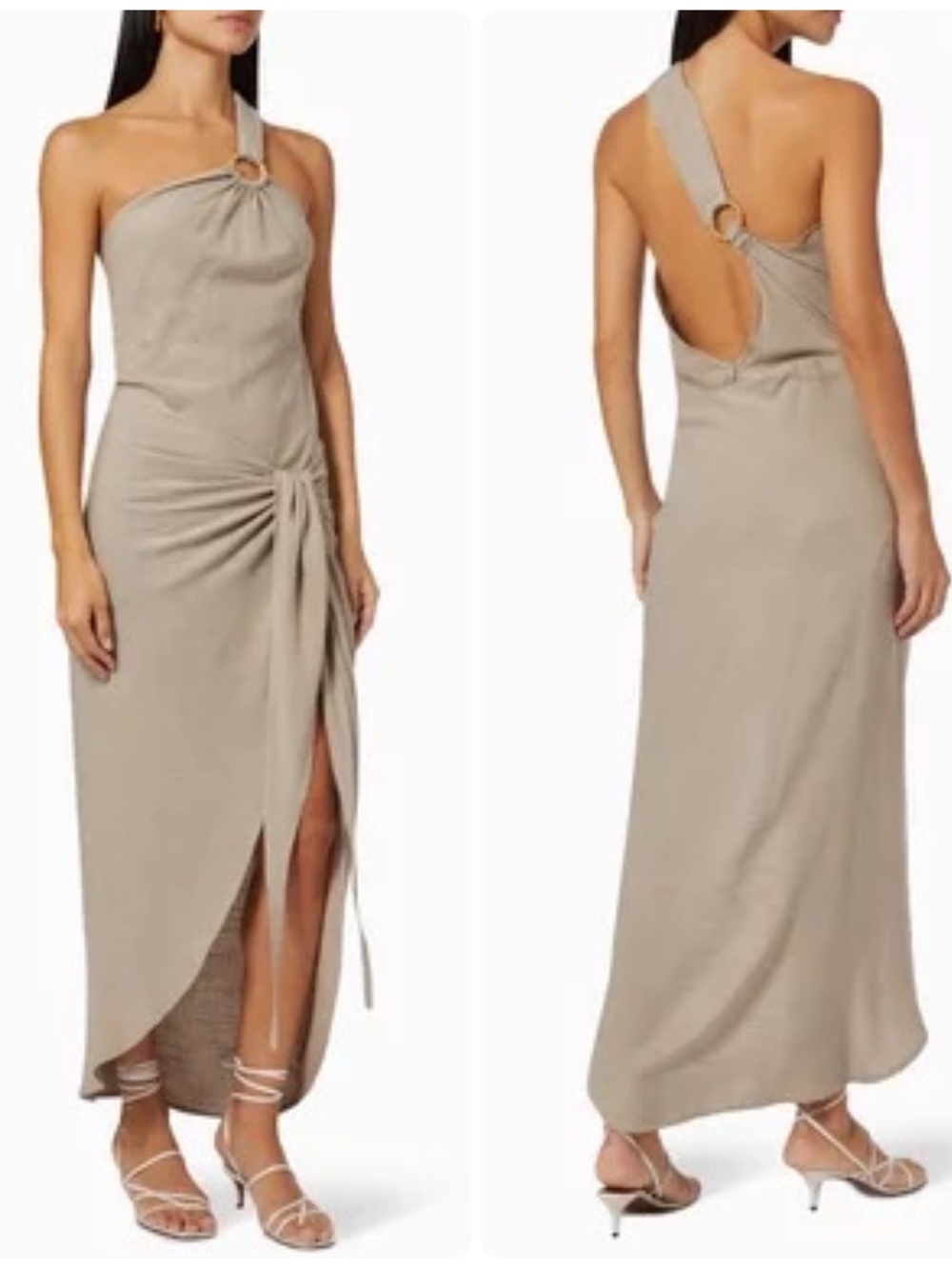 JUST BEE QUEEN Dash Dress in Linen One-Shoulder Stone Midi with Front Tie (132)